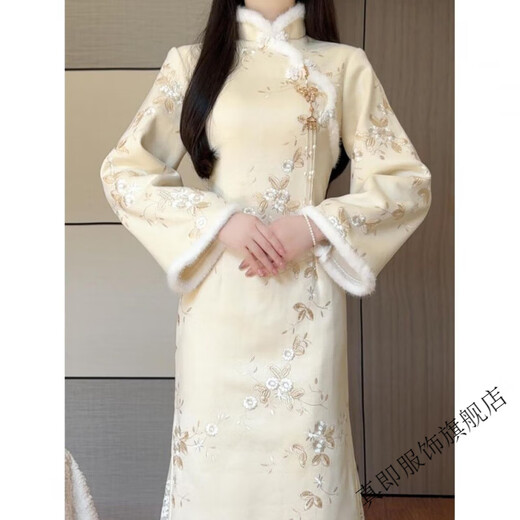 Zhenji Matcha 2025 winter new improved cheongsam embroidered plus velvet J thickened fur collar female model new Chinese style skirt beige cheongsam embroidered velvet thickened S