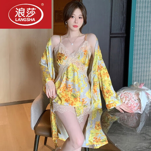 LangSha 2025 neuer Pyjama für Damen mit Brustpolstern, Sommer-Homewear-Set, sexy floraler gelber Jersey, atmungsaktive Spitze, hellrosa Hosenträger + Shorts 829-2 M 80-101Jin Jin entspricht 0,5 kg