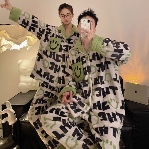 Victoria style couple autumn and winter coral pajamas for one man and one woman in winter new flannel home clothes plus velvet thickened suit 88600 - thickened flannel M female + male L