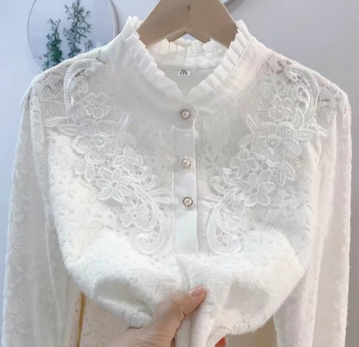 Xiaohongshu's hot style lace stand-up collar and fungus-edged shirt, small fragrant style, slimming, covering the body and reducing age, plus velvet for ladies, white (lining) XL100120Jin Jin is equal to 0.5 kg, one size fits all