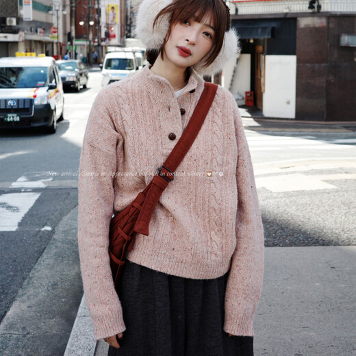 LE BEMIO line drawing studio orange title page extra fine merino wool half-cardigan thick knitted stand-up collar sweater for women orange pink pre-sale S