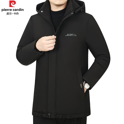 Pierre Cardin Down Jacket Men's Mid-Length Middle-aged Dad's Clothing Winter New Thickened Removable Hood Jacket Jacket Cold-proof Clothing Black Velvet XL (Recommended 120-135Jin Jin equals 0.5kg)