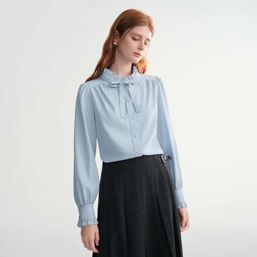 DUSHU large size women's puff sleeve shirt 2025 autumn and winter new fungus lace collar top temperament lace-up shirt water mist blue (shirt) one size 1