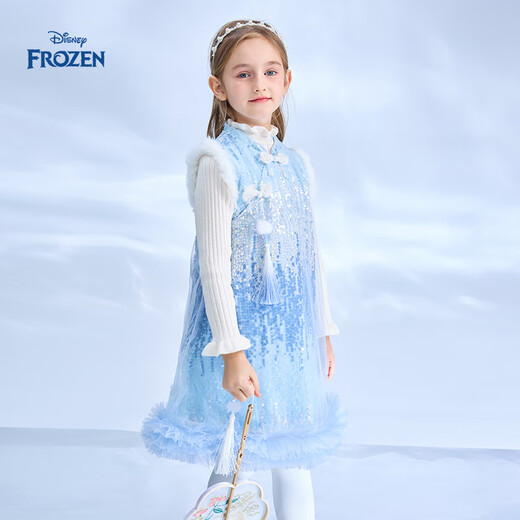 Disney Frozen Elsa Girls Autumn and Winter New Children's Clothes Sleeveless Style Warm Dress Blue One Size 150cm