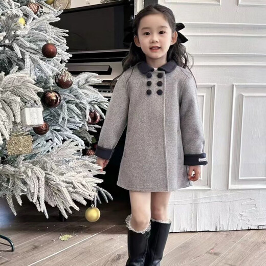 Disney (Disney) Girls Printemps et Automne 5 version coréenne double face imitation cachemire nouveau manteau en laine printemps et automne manteau pour enfants moyen et grand manteau mi-long gris col noir manteau en velours 130 recommandé environ 125 cm