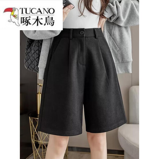 啄木鸟（TUCANO）高腰棕色毛呢五分裤2025新款女春秋冬直筒西装裤外穿休闲阔腿短裤 【109】黑色 【毛呢面料】 3XL 150-170斤