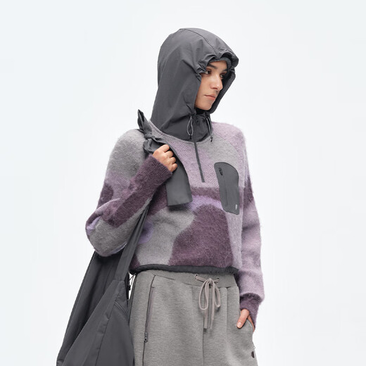 Semicircular three-color yarn interwoven women's sports 2025 winter hooded irregular jacquard texture sweater for women, twilight purple (pre-sale) M