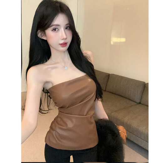 Xin Youjie 2025 Waist Slimming Pu Leather Tube Bra for Women Autumn and Winter Pleated Design 2026 Brown S