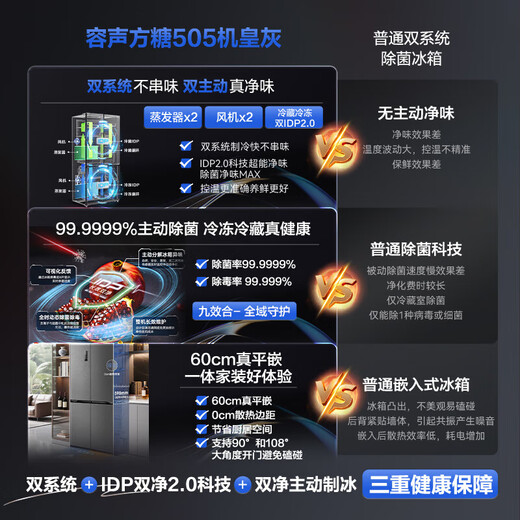 Rongsheng World Cup customized sugar cube 505 double system cross-door ultra-thin embedded refrigerator automatic ice making first-class energy efficiency BCD-505P60CZNAD national subsidy ultra-clean automatic ice making 60cm true zero embedded | bottom heat dissipation