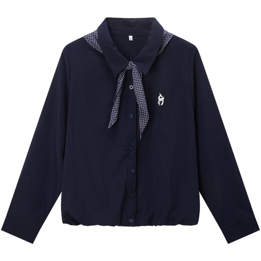 IEF/Aiyifu plus size women's clothing 2025 new autumn Korean style literary intellectual commuting all-match shirt navy blue 3XL