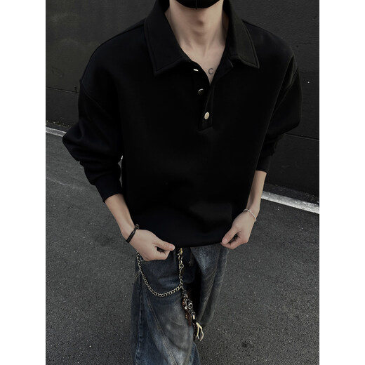 Gongzixue cleanfit Henry collar sweatshirt men's spring and autumn American retro polo shirt handsome trendy loose long black M
