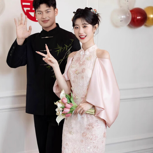 Grosfairy pink high-end toast dress cheongsam for women 2025 new new Chinese style engagement dress bride wedding dressing gown for women pink 3XL