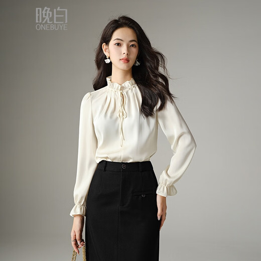 Late White New Product 2025 Autumn Solid Color Temperament Fashion Top Lace Stand Collar Skin Friendly Versatile Shirt for Women Beige L