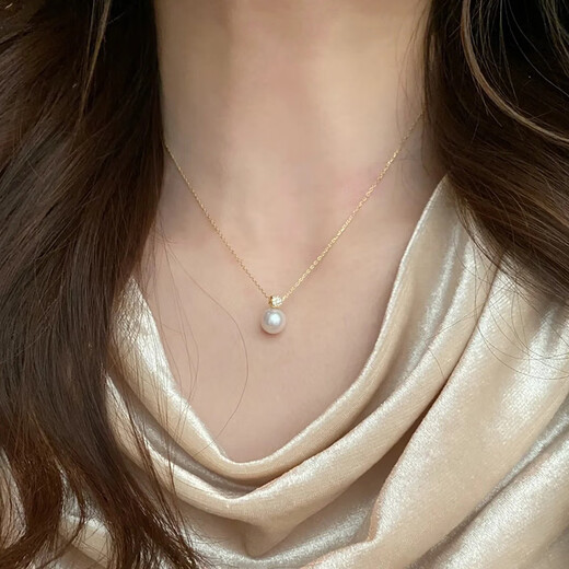 Fat Donglai's same style akoya pearl pendant 18K gold diamond princess style Japanese perfect round bright light necklace one pearl necklace with diamonds