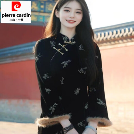 Pierre Cardin (Pierre Cardin) Retro New Chinese Style National Style Black Cheongsam Bronzing Velvet Slim Dress 2025 Autumn and Winter High-end Black M