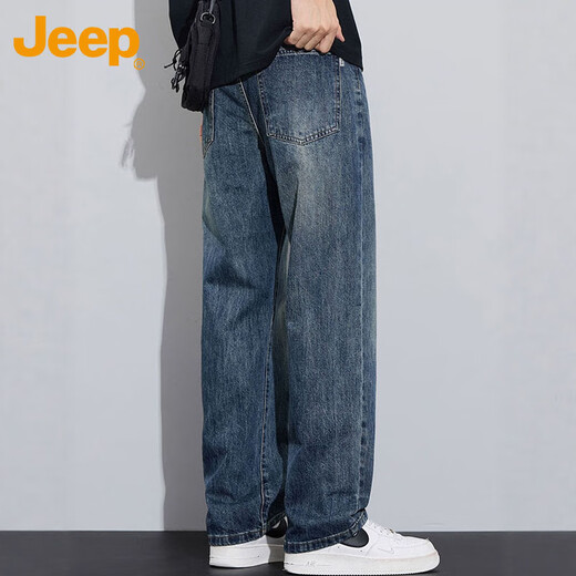 JEEP jeans men's autumn and winter straight casual pants men's loose wide-leg pants stretch nostalgic blue 34
