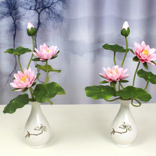 Artificial flower lotus for the Buddha, lotus flower for the Buddha, artificial flower decoration, small ornaments, bonsai silk flower, Guanyin flower Buddha stand, 2 small porcelain vases plus 2 bunches of pink, no smell