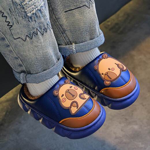 Kapibara children's cotton slippers for boys in autumn and winter 2025 new style for home and outdoor wear parent-child non-slip girls to keep warm Upgraded version of environmentally friendly material dark coffee (heel included) 12 34/35 size (shoe inner length 20CM suitable for feet 19