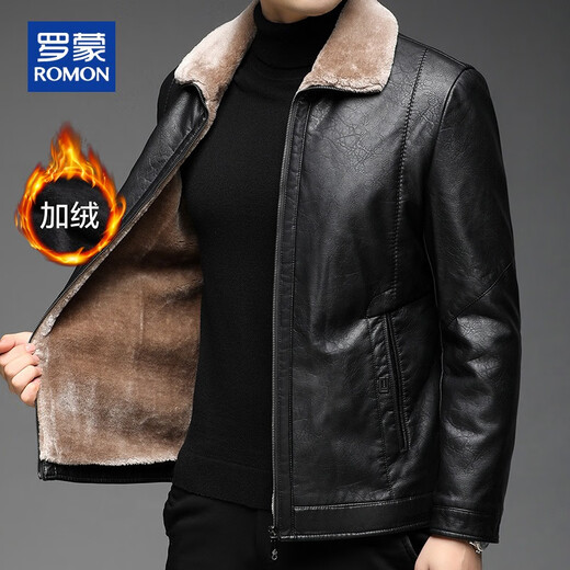 ROMON leather jacket men's autumn and winter casual solid color PU leather jacket velvet thickened top men's warm lapel jacket men