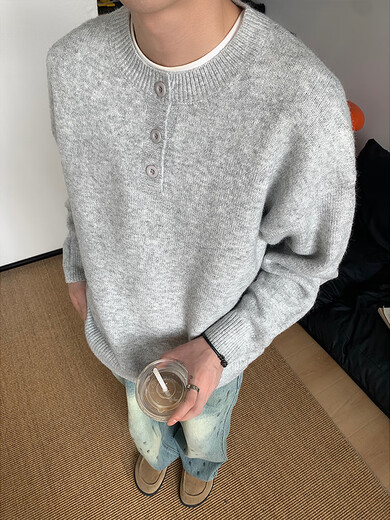 Xiaohongshu's popular gzshop light gray American Henry collar sweater for men, autumn and winter lazy high-end knitted sweater, blue shirt, all in stock, ready to ship, XL one size fits all