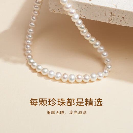 Chow Tai Fook Freshwater Pearl Necklace Mother's Style Plain Pearl Clavicle Chain Mother's Day Birthday Gift for My Girlfriend and a Beautiful Box Pearl Plain Chain-6-7mm