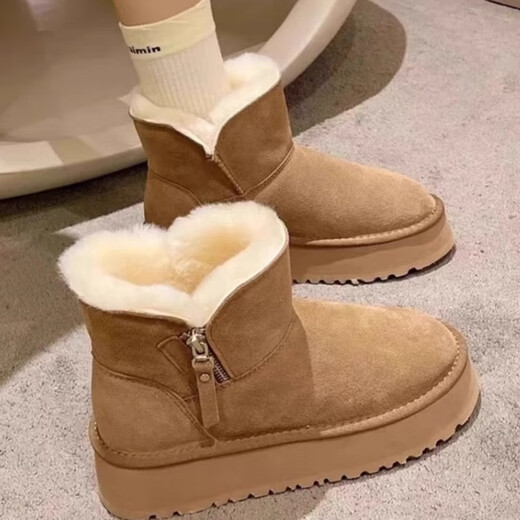 Huilirui Northeast snow boots for women winter 2025 new velvet thickened khaki cotton shoes thick sole non-slip warm bread shoes yellow brown 38