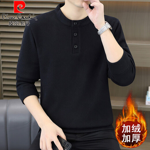 Pierre Cardin autumn and winter new velvet thickened Henry round neck sweatshirt men's casual warm long-sleeved T-shirt bottoming shirt khaki velvet thickened 2XL 160-170Jin Jin equals 0.5 kg