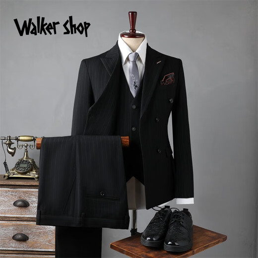 Walker Shop Groom's Suit Men's Striped Double-Breasted Suit British Retro Business Casual Formal Wedding Dress Suit Black Three-piece Suit XL