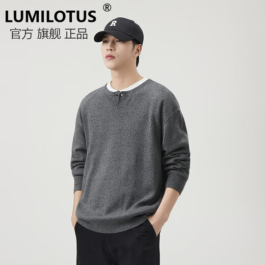 LUMILOTUS light luxury new brand single button Henry collar American warm sweater for men 2025 new autumn and winter casual soft floral gray S suitable for 95-110Jin Jin equals 0.5 kg