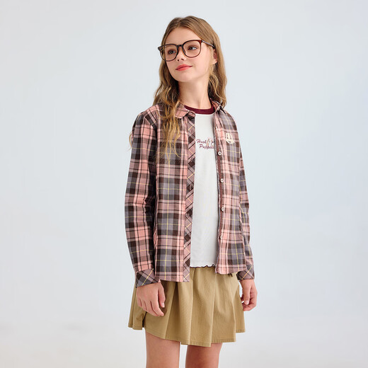 Hush Puppies children's clothing for children and older children 2025 autumn new casual comfortable soft classic college plaid long-sleeved shirt light pink 160 cm
