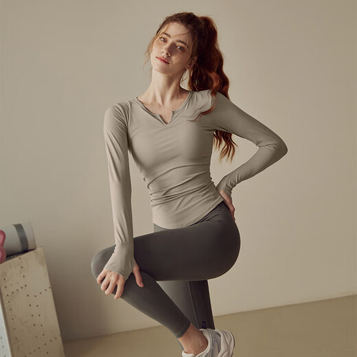 Xue Qianman yoga wear spring and autumn sports long-sleeved T-shirt professional Pilates training fitness running V-neck top purple M