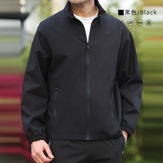 Men's Stand Collar Jacket New Spring and Autumn Outdoor Large Size Sports Windbreaker Jacket Windproof and Waterproof Fishing Wear Black 2XL 150-165Jin Jin equals 0.5kg