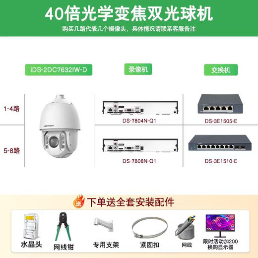 Hikvision long-distance high-magnification optical zoom camera, smart PTZ cruise, face capture, 7-inch dome camera, outdoor security monitoring multi-scene solution to solve mobile phone remote 40x optical zoom | 4 million-4 channels 3T hard drive (free upgrade to 4T)