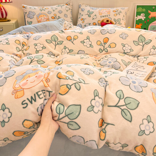 Saya ins style winter thickened coral velvet bed four-piece milk velvet duvet cover 200x230cm bed sheet and quilt cover set Happy Girl-Blue + Baby Blue Thickened and Warm 1.8m Sheet Style Four-piece Set-Duvet Cover 200x230cm