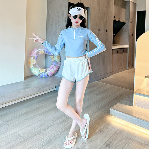 He Jiagong girls' swimsuit with good looks 2025 new style children's Western-style two-piece swimsuit for big children and girls long-sleeved sun protection swimming blue long-sleeved two-piece 120 cm