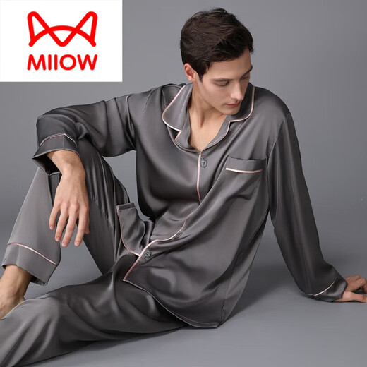 猫人（MiiOW）高端男款睡衣春秋款长袖长裤套装男秋季2025新款感家居服外穿 3899黑灰色 2XL (体重155到175)