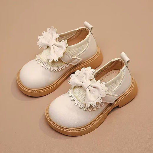 Bombshell Girls' Small Leather Shoes Princess Shoes 2026 Four Seasons New British Style Versatile Soft Soled Children's Shoes for Performance and School Wear Single Shoes Bow-Off-White Size 32 Inner Length 19.6cm