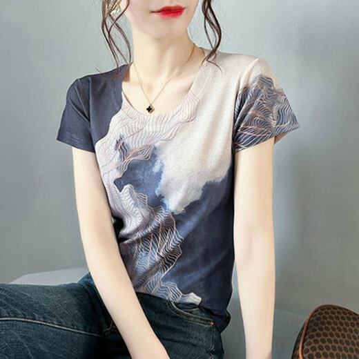 Offre spéciale, marque de luxe légère haut de gamme, nouveau T-shirt à manches courtes pour femmes d'été 2022, chemise de style occidental imprimée rétro, haut à manches mi-longues coupe slim pour femme, Blue Butterfly (7027) L (recommandé 100-120 Jin Jin équivaut à 0,5 kg)