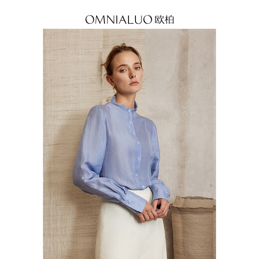 OMNIALUO Oberano high-end stand-up collar linen shirt women's long-sleeved 2025 autumn new commuter OL temperament mulberry silk top B09 blue S