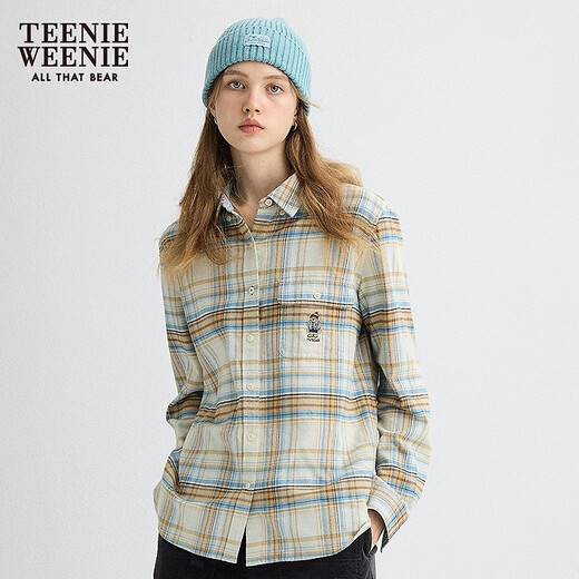 Teenie Weenie Bear Women's Plaid Shirt 25 New Fall College Style Simple Bear Embroidered Top Ivory White XS