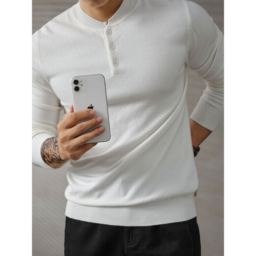 Xiaohongshu's hot style simple luxury white sweater men's fashion henley collar long-sleeved sweater slim fit top white M M95-110Jin Jin equals 0.5 kg