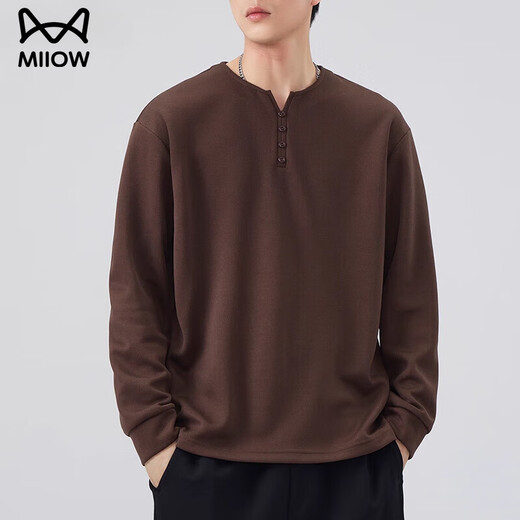 MiiOW Henry collar men's long-sleeved T-shirt autumn and winter fleece top sweatshirt men's inner layering shirt boys black fleece 4XL 180-200Jin Jin equals 0.5 kg
