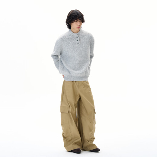 Weilang's store autumn and winter American retro thickened Henry collar sweater men's high-end lazy style sweater couple trend gray XL