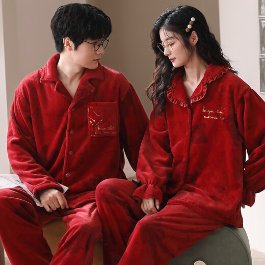 Two sets of modal wedding pajamas for couples in autumn and winter thickened coral velvet cartoon red home clothes for men and women new ZCM6618 coral velvet couple set M female + male XXL size