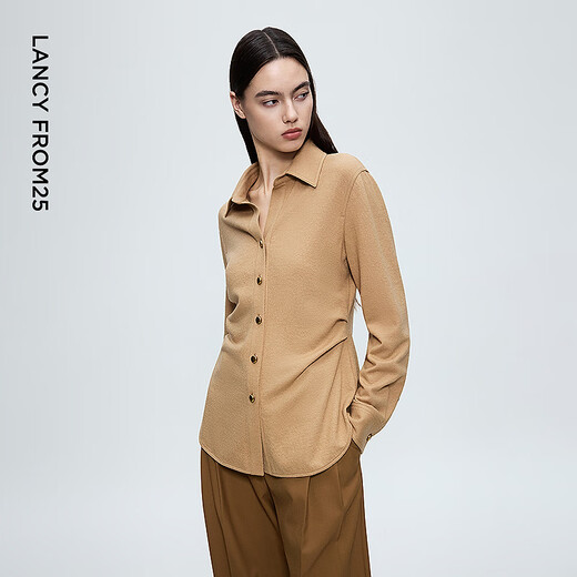 Langzi French commuter style 100 pure wool lapel shirt women's slim ol top 2025 winter new style light beige XL