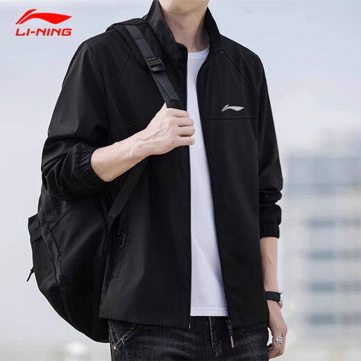 Li Ning (LI-NING) Jacket Men's Spring and Autumn New Running Outdoor Sports Stand Collar Top Men's Loose Casual Autumn Jacket Men's Black Stand Collar Sports Jacket M /170 (105-125Jin Jin equals 0.5 kg)