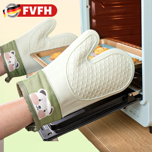 FVFH German high temperature resistant anti-scalding gloves kitchen oven microwave oven special silicone heat insulation gloves thickened heat-proof baking anti-scalding thickened and long gloves 5 fingers pine cone green - 2 pieces