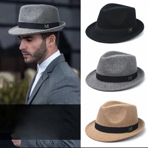 比肆羊秋冬季帽子男绅士礼帽英伦风加厚保暖纯羊毛呢复古卷边爵士帽礼 毛呢礼帽：灰色 M常规码55-58