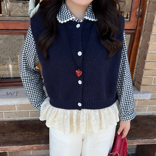 Datouting camisa de encaje con empalme a cuadros de talla grande coreana personalizada ligeramente gorda para mujeres de principios de otoño tops falsos de dos piezas de mm gordos a cuadros azules 2XL