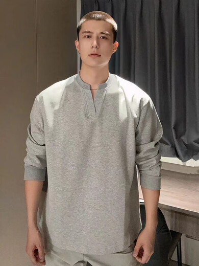 Muwei high-end black bottoming sweatshirt men's autumn new casual versatile heavyweight Henry V-neck top jacket black L recommended 110-125Jin Jin equals 0.5 kg